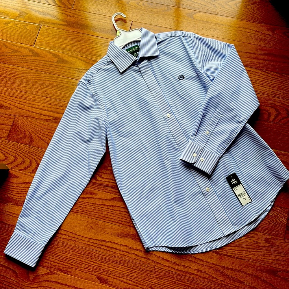 Ralph Lauren brand new size 16 blue and white stripe button down dress shirt.